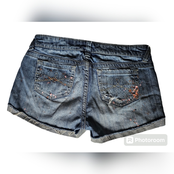 Womens Mudd Blue Jean Shorts Size 5 Pink Orange Paint Splatter - Picture 2 of 10